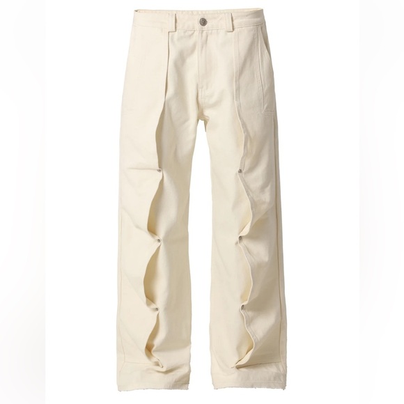 JHYQ Heavy Organic Cotton Deconstructed Studded Raw Hem Wide Leg Jeans Off White - Picture 1 of 13